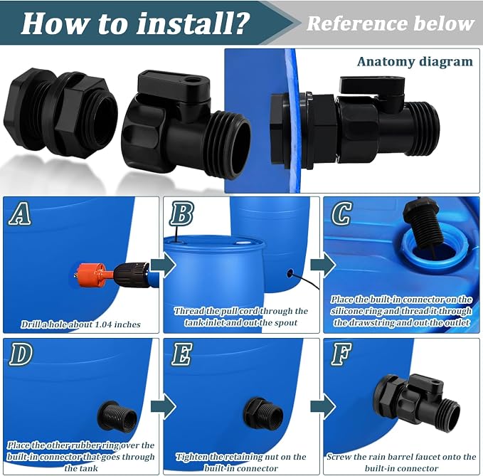 Rain Barrel Spigot Kit 4 Kit Water hose Shut-Off Ball Valve Plastic Garden Hose - Image 4