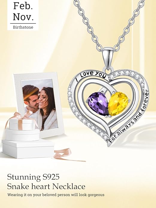 Valentine's Day Gifts for Wife 925 Sterling Silver Double Birthstone Pendant Necklaces I Love You for Always and Forever Necklace Anniversary Birthday Gifts for Wife Girlfriend Mom Her