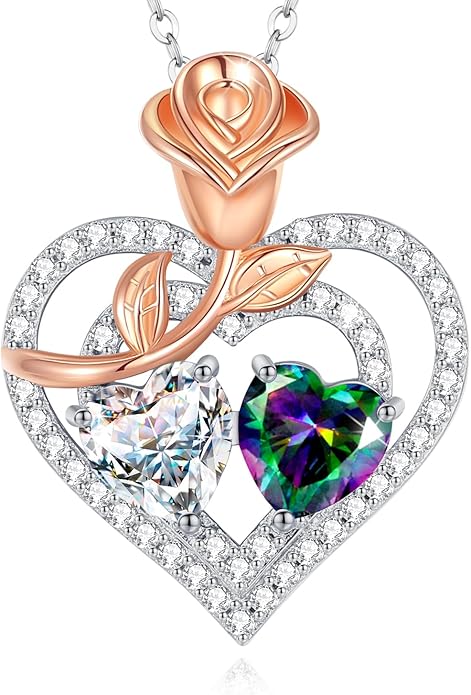 AGVANA Valentines Day Gifts Birthstone Necklace for Women Sterling Silver Rose Flower Heart Double Birthstone Jewelry Pendant Necklace Anniversary Birthday Gifts for Women Mom Wife Girlfriend Her