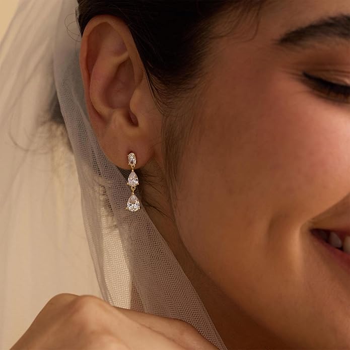 Dangle Drop Earrings for Women Wedding Bridal Rhinestone Long Cubic Zircon Dangling Crystal Chandelier Sparkly 14K Gold Plated Dainty Trendy Jewelry