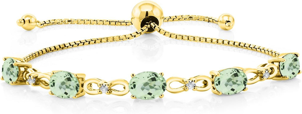 Gem Stone King 7X5MM Oval Cut Gemstone Birthstone and Accent Lab Grown Diamond Tennis Bracelet For Women In 18K Yellow Gold Plated Silver | Adjustable Bolo Bracelet For Women | Easy-On Easy-Off