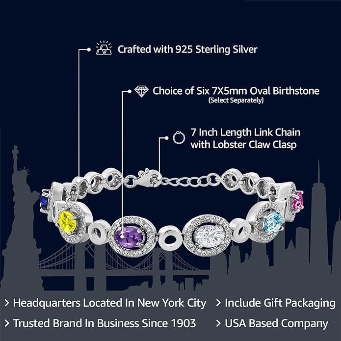 Gem Stone King Customized and Personalized 6-Stone Bracelet For Women | Oval 7X5MM | Gemstone Birthstone | 925 Sterling Silver | 7 Inch with 1 Inch Extender