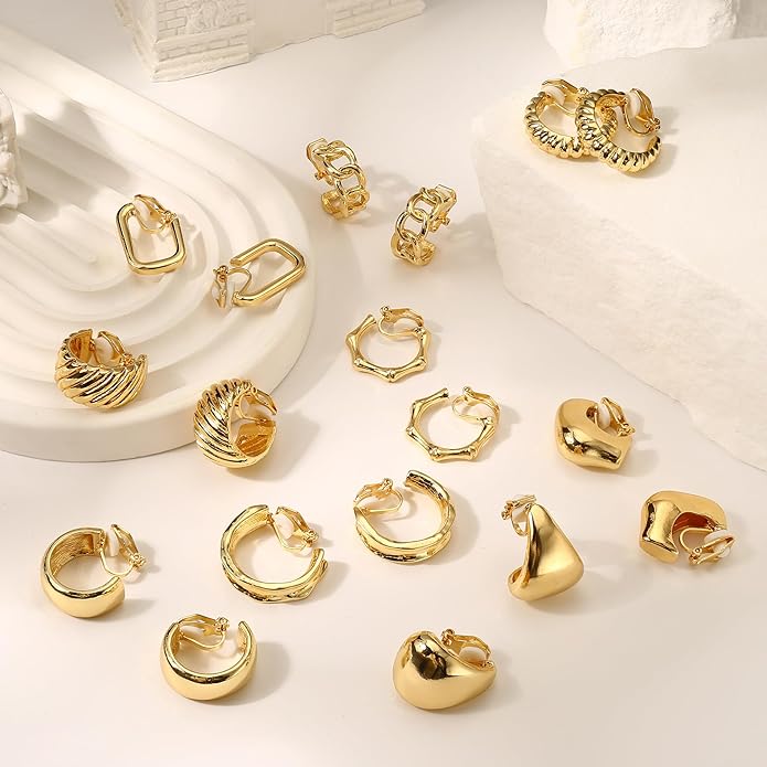 THUNARAZ 9 Pairs Clip on Earrings for Women 14K Gold Plated Chunky Hoop Clips Earring Trendy Clip on Hoop Earrings for Women Non-Pierced Fake Jewelry