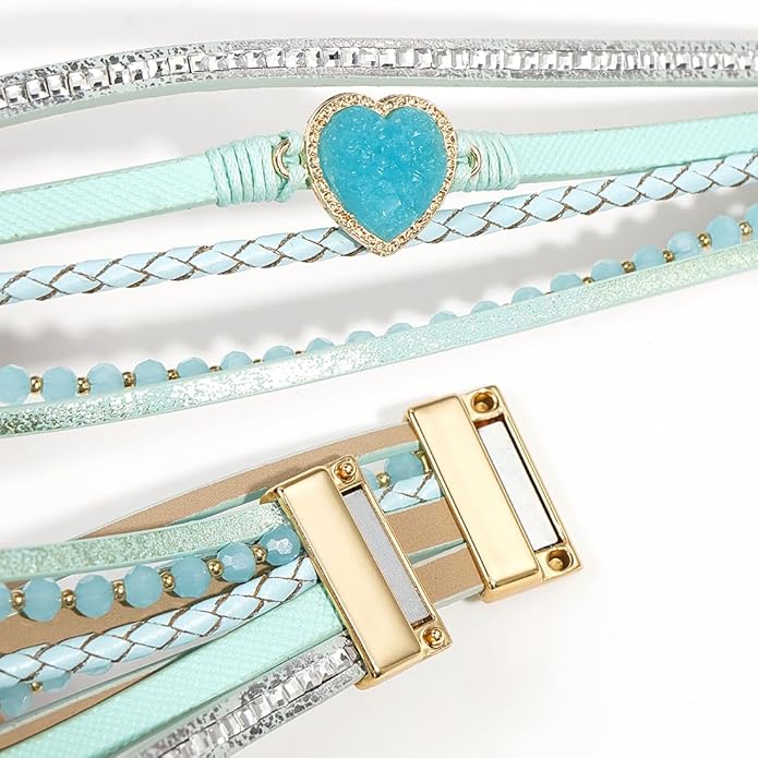 Suyi Multilayer Leather Wrap Bracelet Heart-Shape Wide Cuff Bracelets for Women