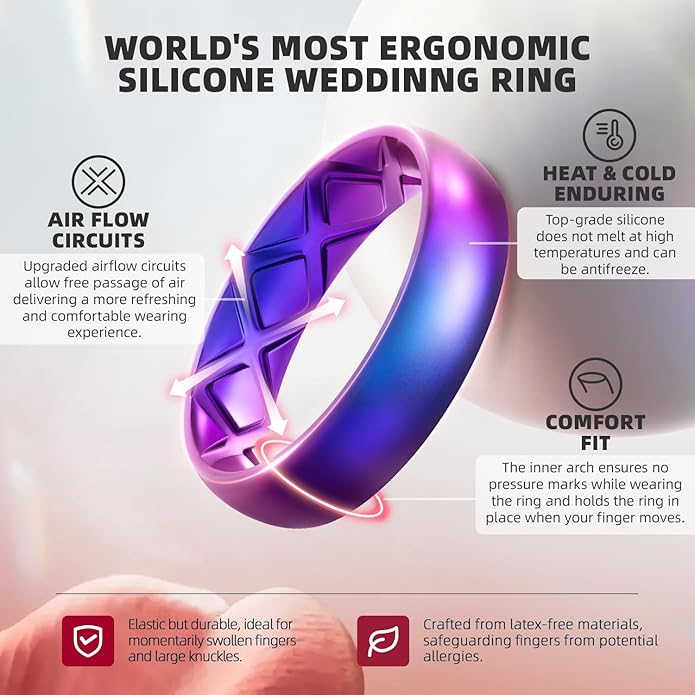 Egnaro Women's Bridal Rings Sets, Inner Arc Ergonomic Breathable Design Silicone Rubber Wedding Bands