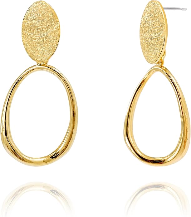 OZEL Gold Dangle Earrings for Women Brushed Finish, Matte Gold Statement Jewelry, 14k Gold Plated