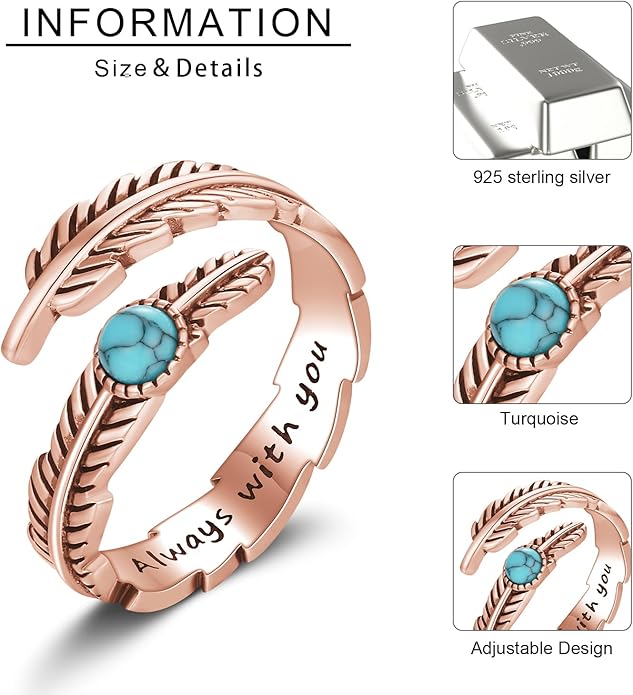 Turquoise/Moss Agate/Moonstone/Black Onyx/Lapis Lazuli/Labradorite/Tiger Eye Feather Ring 925 Sterling Silver Adjustable Ring Western Thumb Rings Vintage Jewelry Gifts for Women