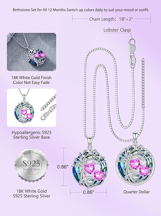 TOUPOP s925 Sterling Silver Family Celtic Tree of Life Pendant Necklaces with 2 Heart Birthstone with Blue Austrian Crystal Jewelry Birthday Valentines Day Gifts for Her, Anniversary Christmas Gifts for Wife Girlfriend Mom (18K Real White Gold Filled)
