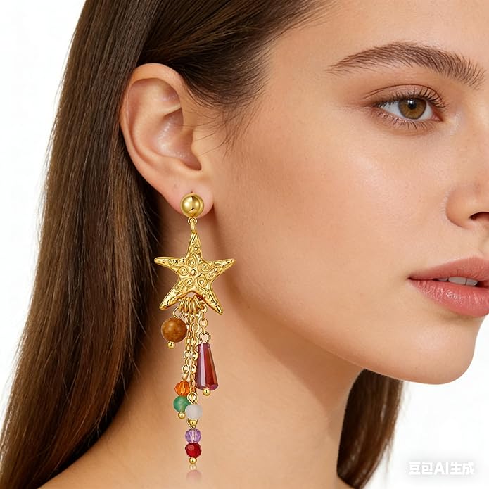 Boho Tassel Hoop Earrings for Women 14K Gold Pearl Earrings Dainty Colorful Bead Pendant Earrings Ethnic Style Statement Jewelry for Vacation Festival Party