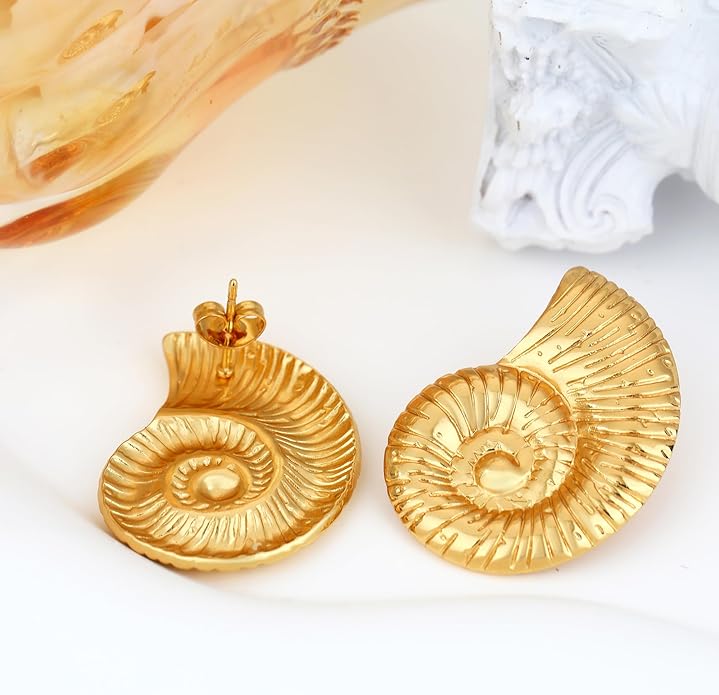 MISS RIGHT Gold Shell Earrings for Women, Stainless Steel Sea Shell Stud Seashell Earrings Beach Jewelry, Hypoallergenic Lightweight Summer Earrings