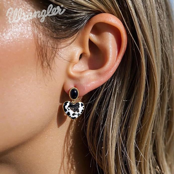 Wrangler Western Heart Drop Dangle Earrings for Women Statement 14k Gold Turquoise Cow Print Cowgirl Trendy Jewelry