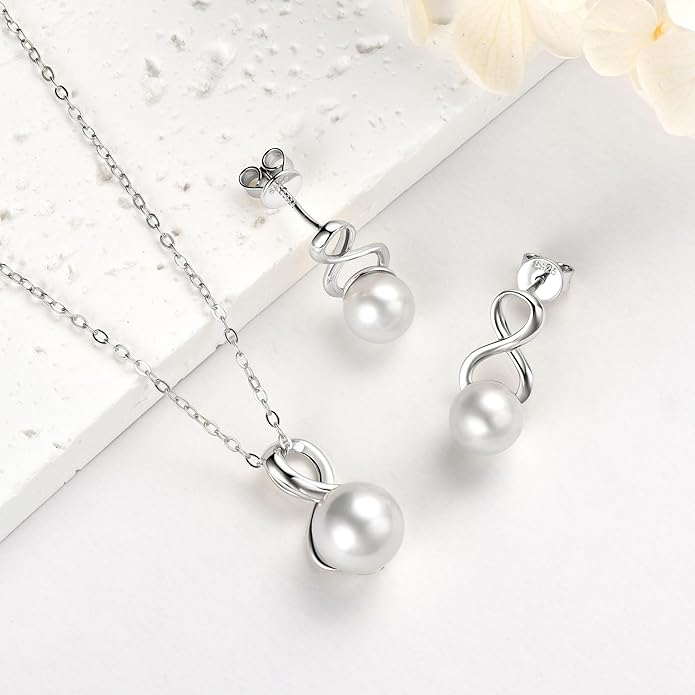 Sterling Silver Pearl Jewelry Set with Shiny Moissanite, Real Freshwater Pearl Earrings Necklace for Women, Wedding Jewelry for Brides Bridesmaid, Mother's Day
