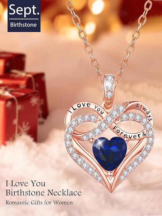Infinity Rose Gold Valentines Heart Birthstone Necklace for Women,I Love You Always and Forever Jewelry,Valentines Anniversary Birthday Gifts for Her Wife Mom Grandma Daughter