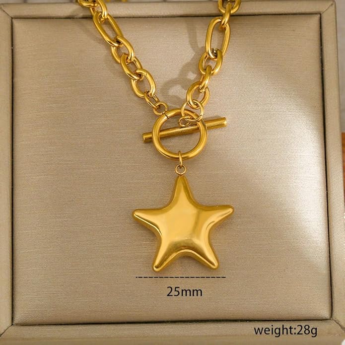 Large Star Necklace Chunky Gold Necklace for Women Trendy Silver Big Statement Necklaces Bold Thick Paperclip Necklaces OT Toggle Chunky Jewelry Holiday Christmas Jewelry Gifts Stocking Stuffers