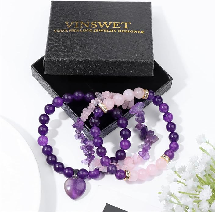 Healing Crystal Beaded Bracelets for Women,Natural Amethyst Gemstones Bracelet,Anxiety Stress Relief Heart Charm Bracelet Handmade purple Jewelry Gifts for Women