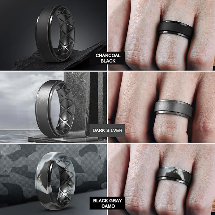 Egnaro Men's Rings 8.5mm Wide-2mm Thick Inner Arc Ergonomic Breathable Rubber Wedding bands-Hypoallergenic for Gym/Outdoor/Gift((1-7 Variety Pack with Half Size)