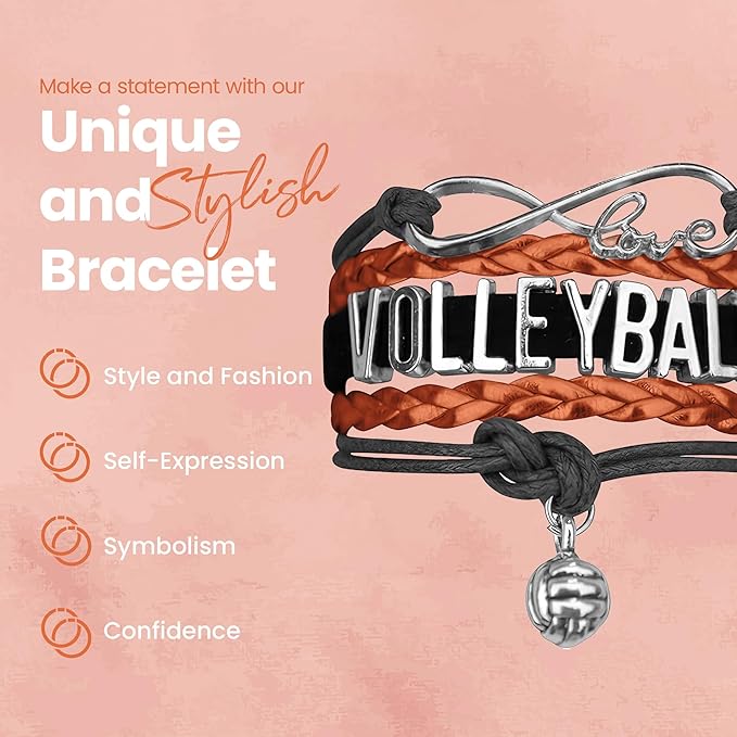 Volleyball Bracelets For Girls- Ideal Volleyball Gifts & Souvenirs. Adjustable Charm Bracelet with Moveable Letters, Infinity Symbol & Silver Volleyball Charm. Fashionable Bracelets by SportyBella.