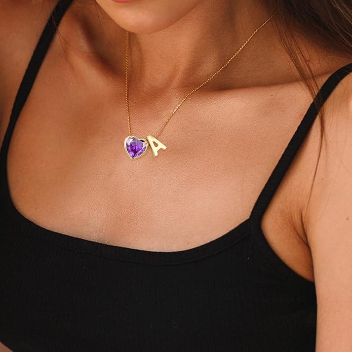 Valentines Day Gifts for Her- Heart Birthstone Initial Necklace for Women Girls,14K Gold Plated Heart Letter A-Z Necklace Birthday Trendy Jewelry Gifts for Women Girls Daughter