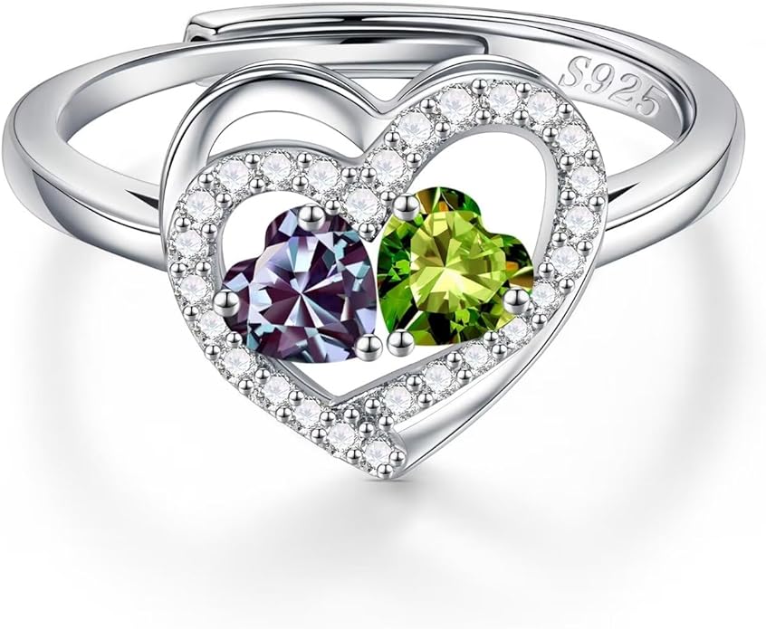 Iefil Adjustable Ring for Women - 925 Sterling Silver Double Birthstone Rings, Anniversary Birthday Gifts for Women Wife Her