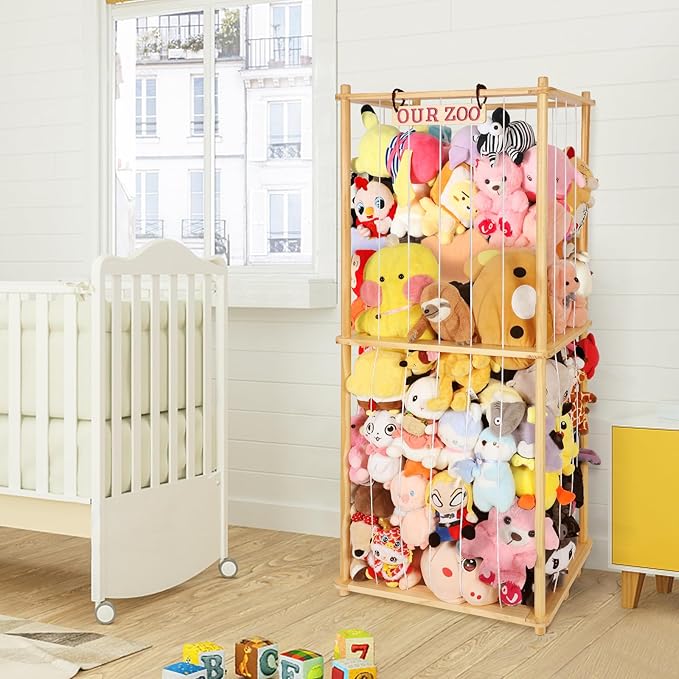 Extra Large Stuffed Animal Storage for Corner Organizer,Premium Wooden Material with Elastic Cord Hold Up to 250 Plush Toys,Stuffed Zoo Animal Holder and Collection for Playroom-Birthday