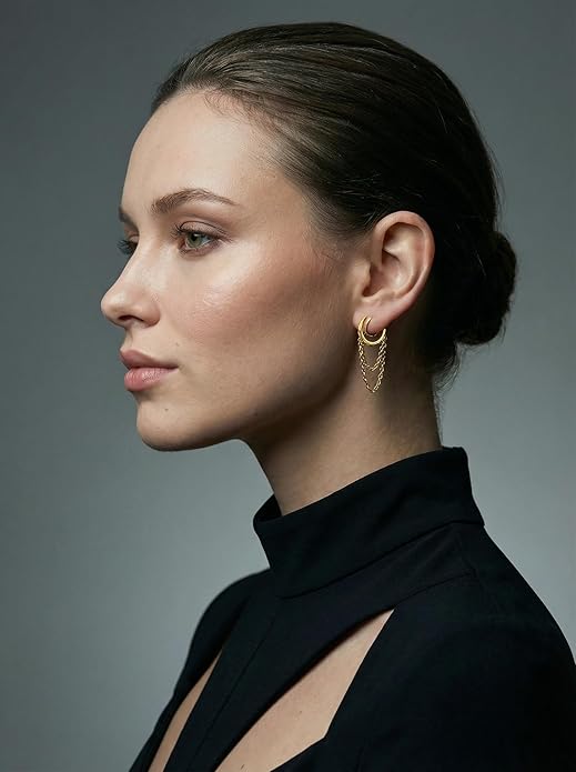 FAN&LOUIS Gold Clip On Earrings for Women, 24K Gold Plated Small Hoop Dangle Chains Drop Trendy Hypoallergenic Non Pierced Earrings Painless Lightweight Clip-On Earrings