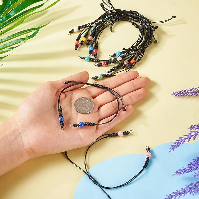 11 Pcs Adjustable Braided Cords Black Waxed Braided Thread Half Finished Bracelet with Porcelain Beads for DIY Women Jewelry Making Friendship Fashion Bangle Accessory