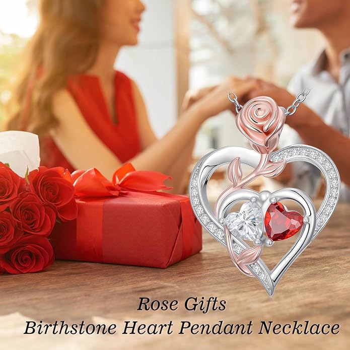 Rose Flower Heart Pendant for Women Birthday Gifts 18k Gold Plated Mother Daughter Necklace with 12 Months Birthstone Christmas Valentines Day Gifts for Her Mom Anniversarry Jewelry for Mom Wife Girlfriend