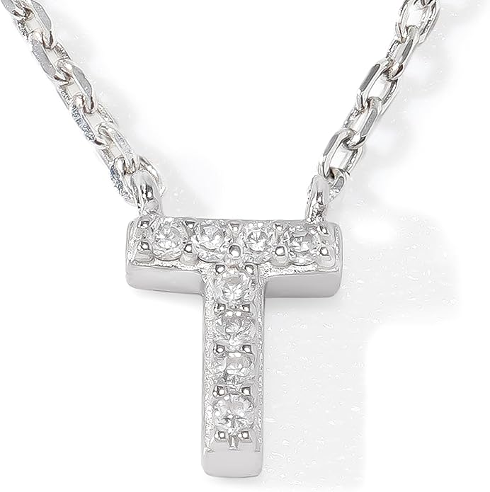 JTV Sterling Silver Initial Necklace for Women, 0.13 CTW White Cubic Zirconia Letter Pendant, Rhodium-Plated, Personalized Monogram Jewelry, Gift Box Included, 18”