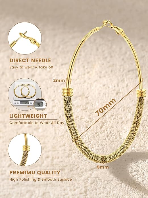 KeyStyle Mesh Hoop Earrings for Women, Stainless Steel Gold Hoops Earring Lightweight Loops, 2MM Thick Hypoallergenic Circle Endless Hollow Hoop 20mm-80mm