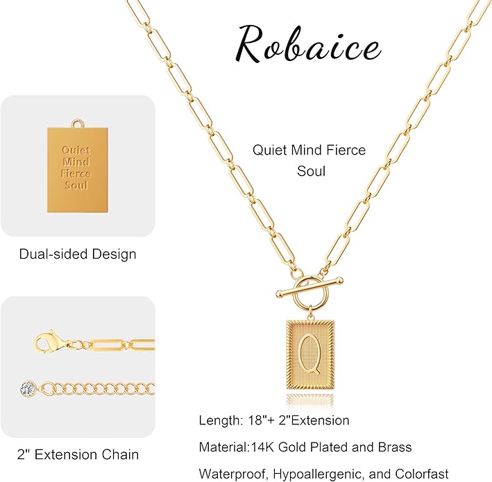 14K Gold Plated Initial Letter Necklace for Women, Personalized Alphabet Pendant with Inspirational Engraving, Paperclip Chain Non-Tarnish Jewelry Gift for Her