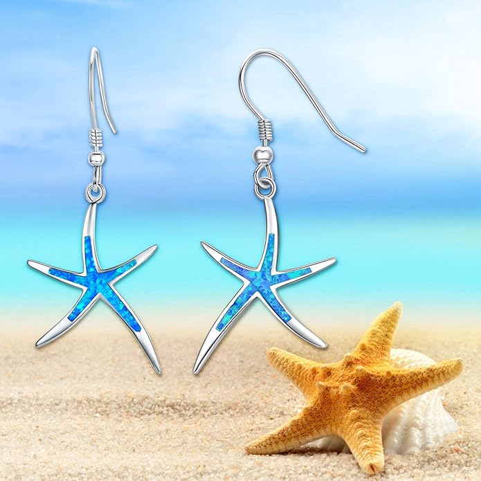 925 Sterling Silver Starfish Earrings With Opal Fish Hoops, Nautical Hawaiian Sea Beach Jewelry for Women and Starfish Lovers
