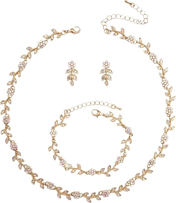 Austrian Crystal Rhinestone Choker Necklace Dangle Earring Link Bracelet Jewelry Set for Brides Bridesmaid Prom Costume Accessories for Women