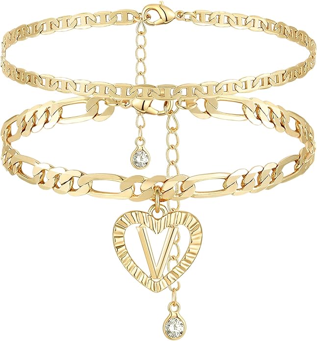 YANODA Initial Ankle Bracelets for Women 14K Gold Plated Layered Figaro Chain Letter Initial Anklets Handmade Layered Heart Ankle Bracelets Personalized Jewelry for Women