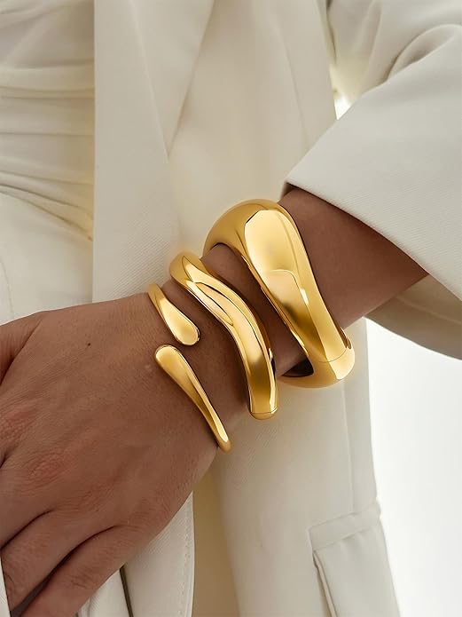 3Pcs Chunky Gold Bangles Bracelets for Women, Spring Hinged Big Stackable Bangles Set, Trendy Cuff Bracelet Stack Fashion Jewelry Gifts
