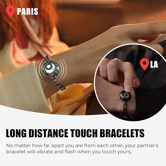TOTWOO Long Distance Touch Bracelets for Couples, Smart Light & Vibration Love Jewelry, Long Distance Valentines Day Gifts for Him Her Women Men, One-to-One Bluetooth Pairing via App