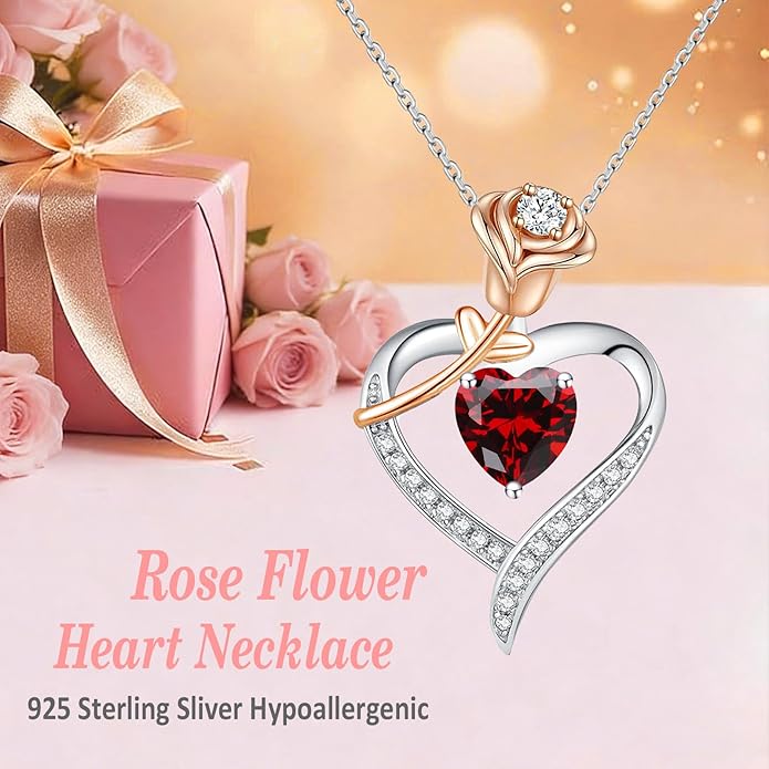 immobird Rose Gold Heart Necklace Birthstone Jewelry Sterling Silver Jewelry Plated White Gold Valentine's Day Gift Women for Wife Mom Necklace for Women