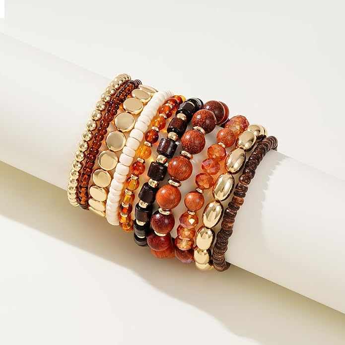 GOOJIDS Surfer Heishi Clay Bead Bracelets for Women Bohemian Stackable Gold Plated Beaded Stretch Bracelets Elastic Layering Friendship Bracelets Set Boho Jewelry