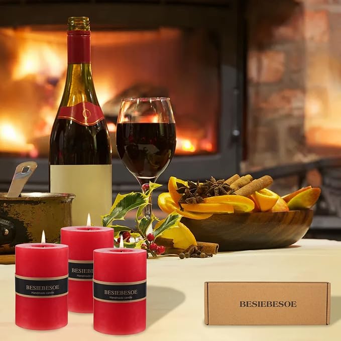 3 x 4 Red Pillar Candles Set of 3 Unscented Handpoured Weddings, Home Decoration - Image 3