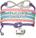 Sportybella Dance Accessories – Love Infinity Bracelet for Girls, Teens – Adjustable Pink, Purple, Teal, and Light Blue Braided Leather with Dance Letter Bar and Heart Charm – Gift for Dancers