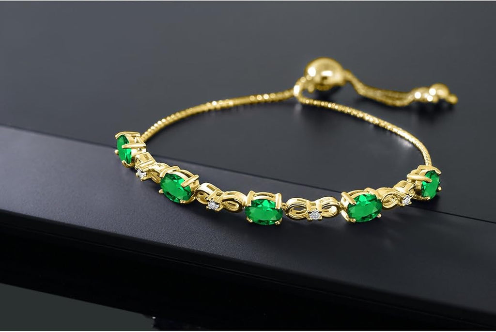 Gem Stone King 7X5MM Oval Cut Gemstone Birthstone and Accent Lab Grown Diamond Tennis Bracelet For Women In 18K Yellow Gold Plated Silver | Adjustable Bolo Bracelet For Women | Easy-On Easy-Off