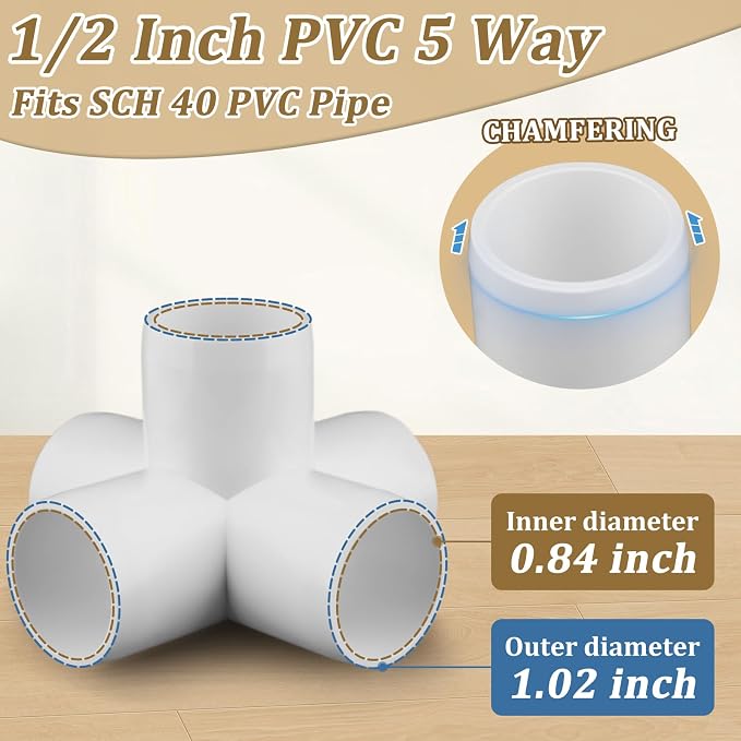 20-Pack 1/2" 5 Way PVC Fittings, Furniture Grade Pipe Fittings 5 Way - Image 2