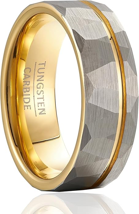 | Faceted Borderline Band - 8mm Wide Textured Grey Tungsten Ring for Men & Women
