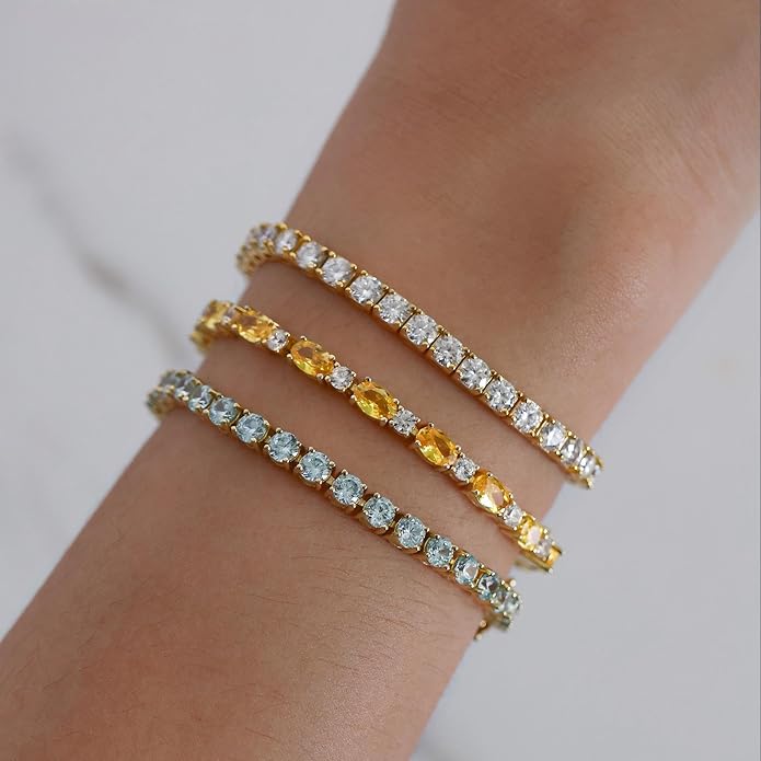 FANCIME 14K Gold Plated Birthstone Bracelets 4mm Sterling Silver Tennis Bracelets Gold Bracelets Birthday Jewelry Gifts for Women 7"