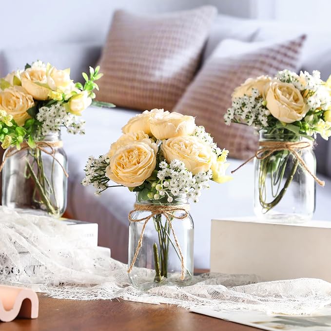 12 Sets Mason Jar Flowers Centerpiece Table Decorations, Champagne | Faux - Image 3