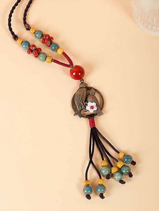 MINACHI Boho Hippie Colorful Ceramic Beads Strand O Ring Circle Charm Long Y Necklace, Vintage Bohemian Statement Jewelry Gift for Women