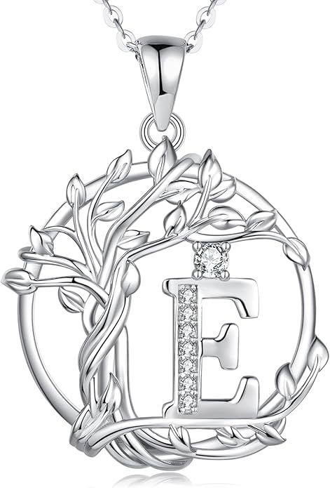 FANCIME Tree of life Initial necklaces for women, Sterling Silver Tree Jewelry Simulated Diamond Letter Pendant Cubic Zirconia CZ Personalized Birthday Mothers Day Gifts for Mom Wife Her