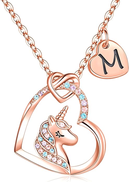 Hidepoo Valentines Gifts for Kids Girls - Unicorn Necklace Gifts for Teen Girls Kid, Colorful CZ Heart Pendant Initial Unicorn Necklaces for Girl Jewelry Birthday Gift for Girl Kid