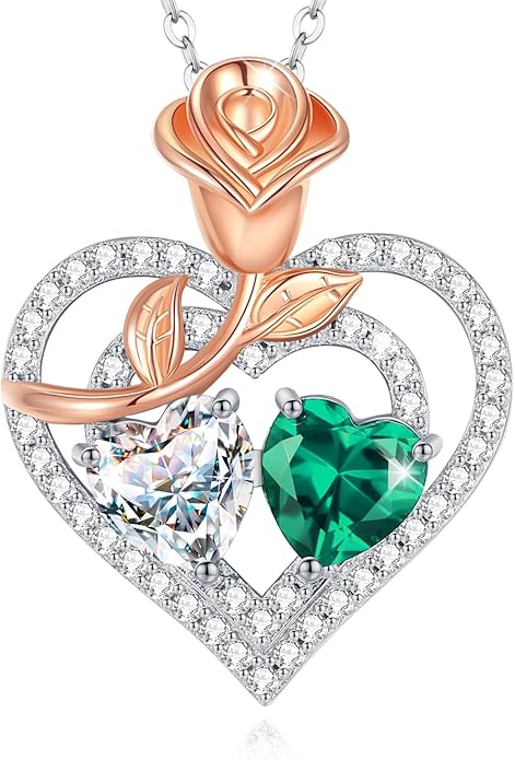 AGVANA Valentines Day Gifts Birthstone Necklace for Women Sterling Silver Rose Flower Heart Double Birthstone Jewelry Pendant Necklace Anniversary Birthday Gifts for Women Mom Wife Girlfriend Her
