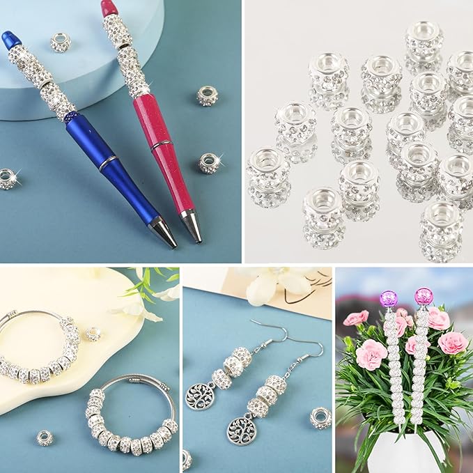 100Pcs Rhinestone Large Hole Beads Spacer Beads White European Craft Big Beads Large Hole Rhinestones Lampwork Murano Bead Fairy Wand Garden Beads for DIY Bracelet Necklace Jewelry Making Supplies