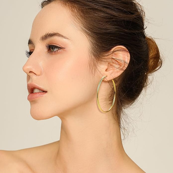 Clip On Hoop Earrings for Women Non Pierced Ears,Gold Clip On Earrings Non Piercing Big Stainless Steel Fake Hoops Lightweight 30-60mm